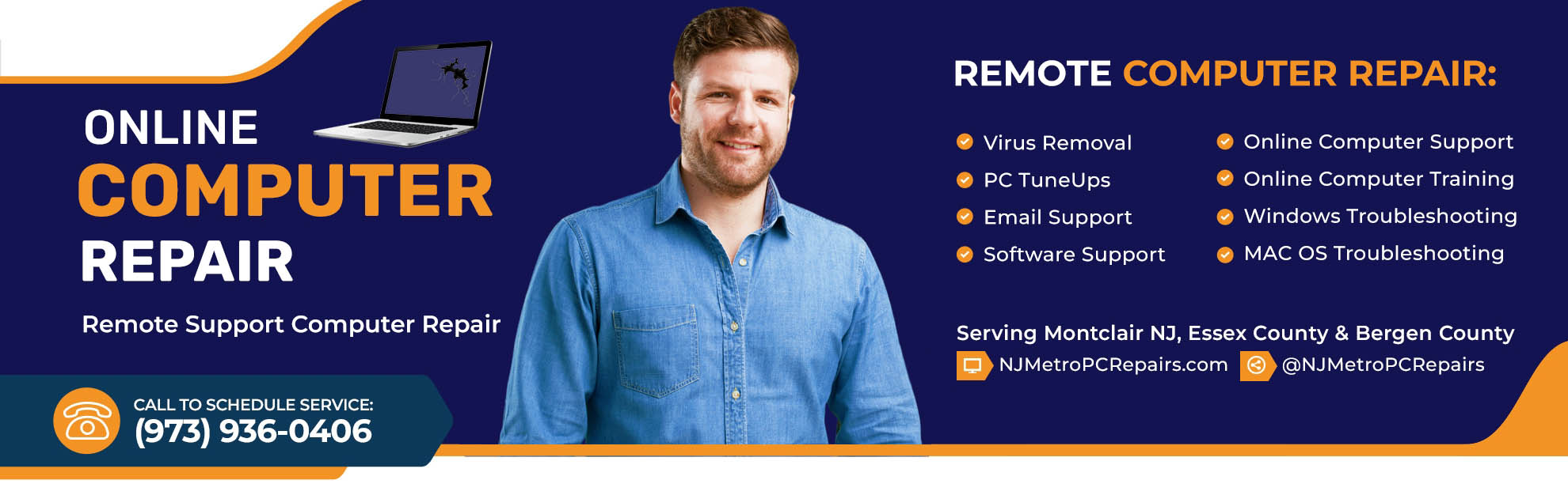 Banner Image with Confident Smiling Computer Repair Technician and A List Of Online Computer Repair Services